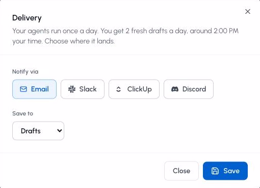 Choosing where Post Lab drafts are delivered: email, Slack, ClickUp or Discord