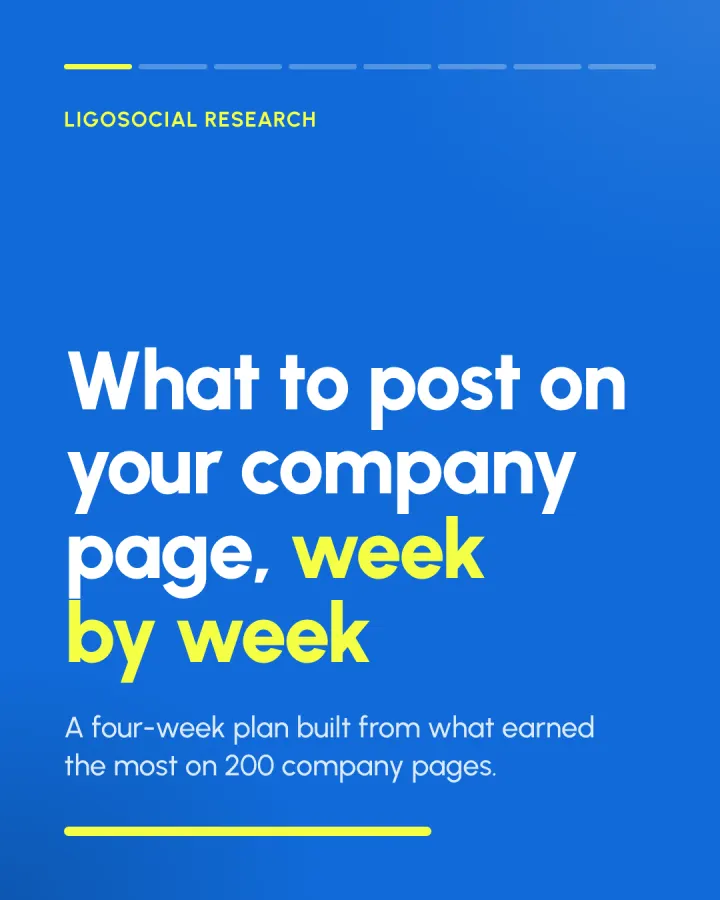 Slide 1 of 8: What to post on your company page, week by week. A four-week plan built from what earned the most on 200 company pages.