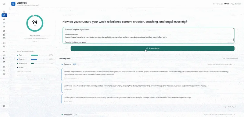 LigoBrain showing the opinions, facts and anecdotes LiGo has learned about a user