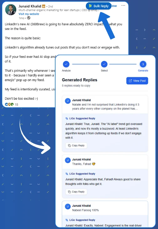 LiGo Bulk Reply drafting a reply under each comment on a LinkedIn post