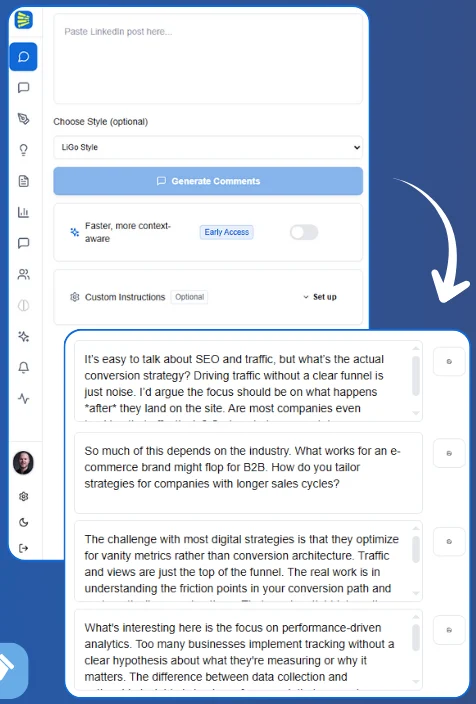 LiGo extension panel with generated LinkedIn comments in four styles