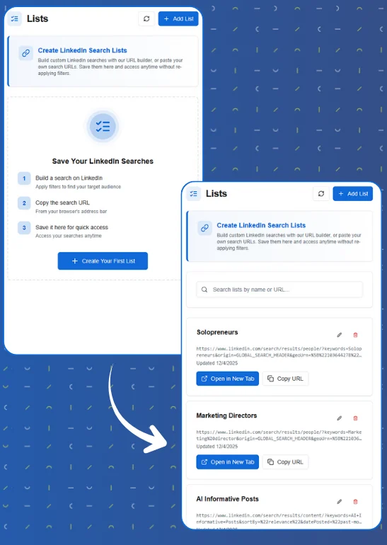 LiGo Lists with saved LinkedIn searches for solopreneurs and marketing directors