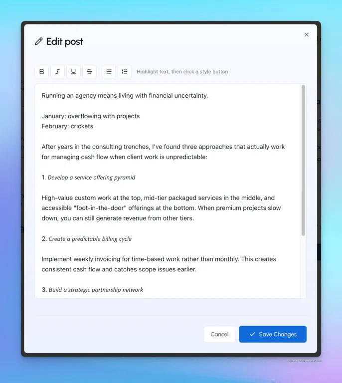 LiGo Post Editor with Italicized Text