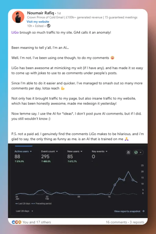 User testimonial about LiGo quadrupling their website visits.