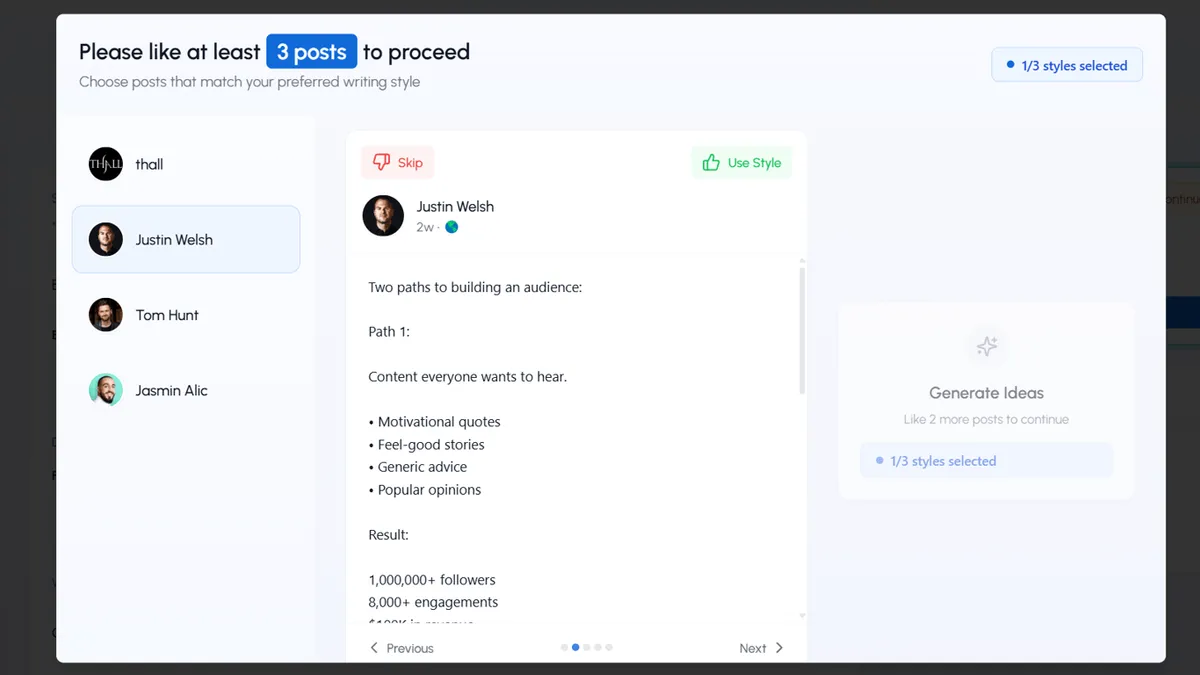 LiGo Example Post Selection Interface during onboarding let you define your format by selecting your own best posts or your favorite thought leaders on Linkedin.