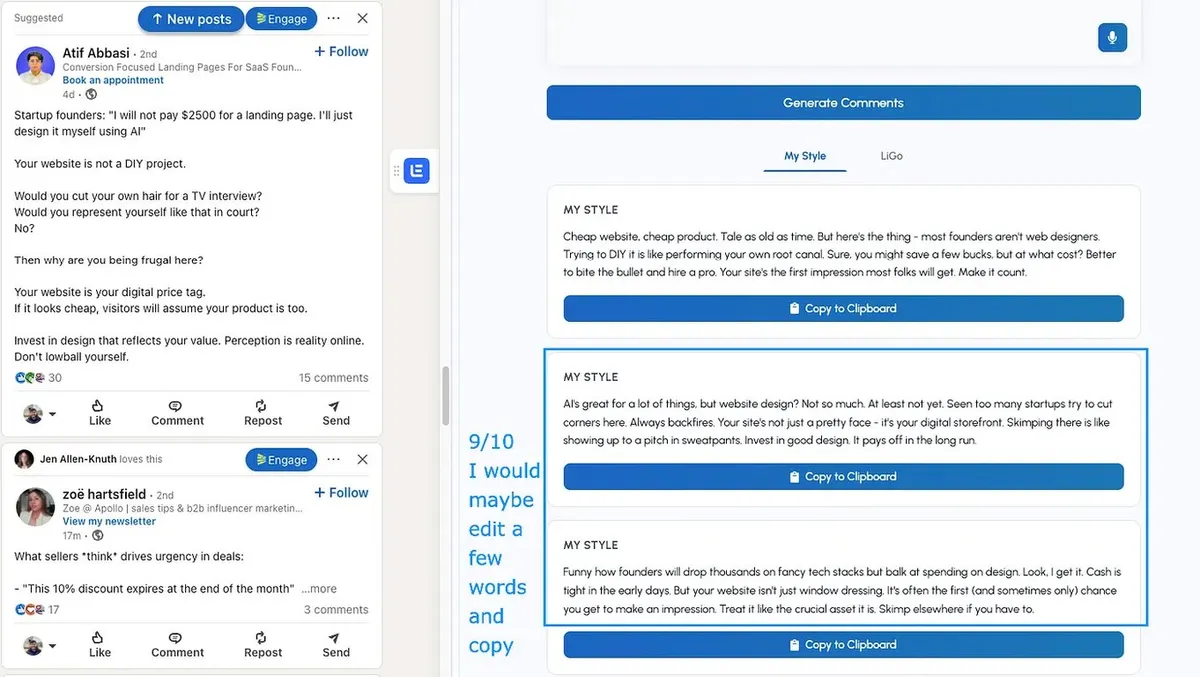 LiGo - LinkedIn Post Generator | Example Comments generated