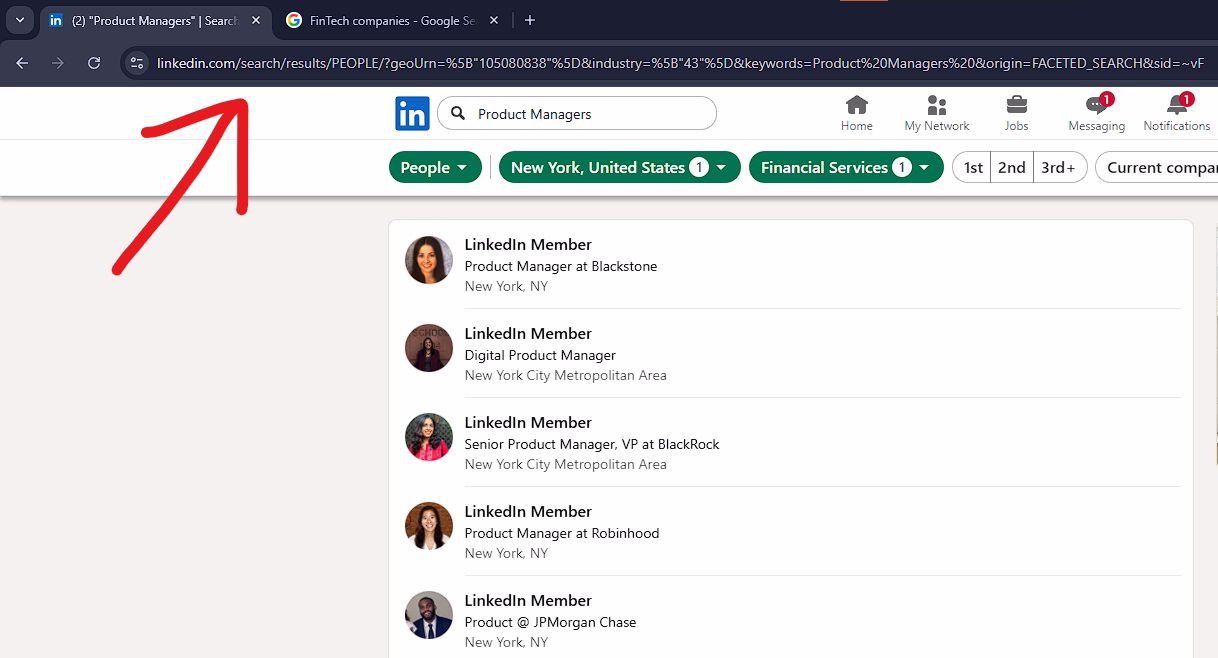 Screenshot of browser address bar showing the full LinkedIn search URL to copy
