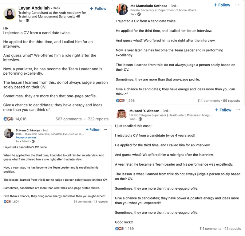 The wrong kind of viral post. Copy-pasted, appealing to job seekers.