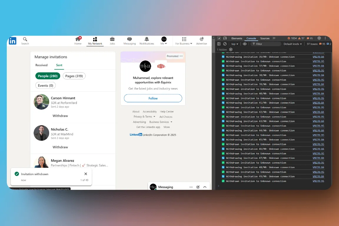 Image of the mass withdrawal script in action