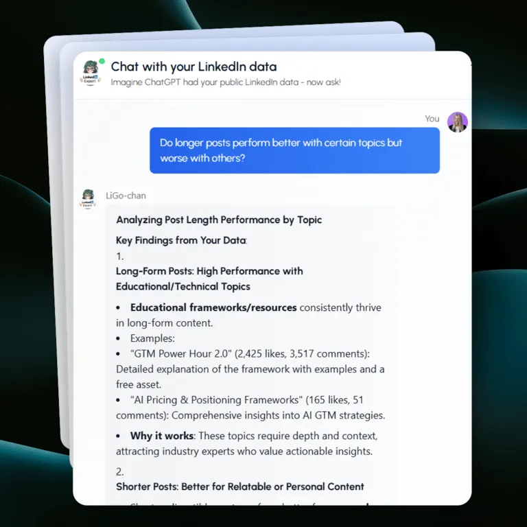 LiGo's Profile Optimization tool to transform your LinkedIn profile into a lead-generation engine. Chat with your data and get your most pressing queries answered.