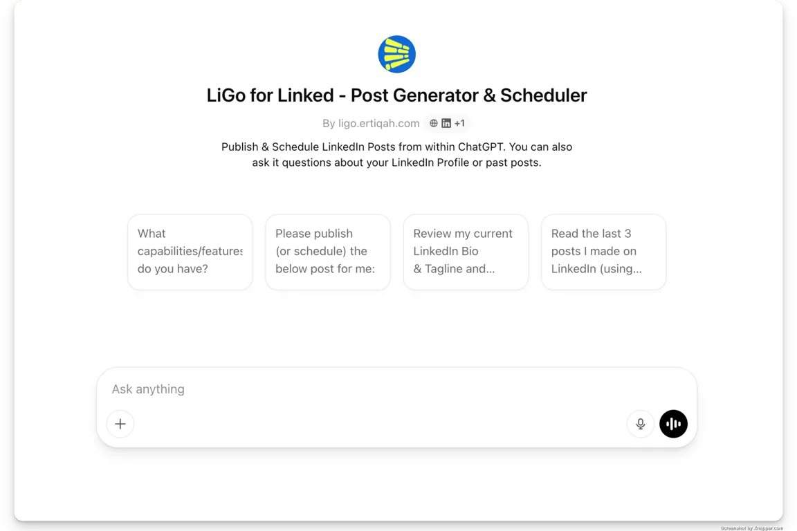 LiGo for Linkedin on GPT store, initial screen