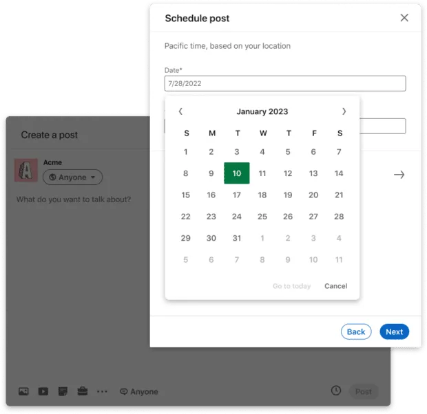 LinkedIn native scheduling interface showing the clock icon and calendar selector