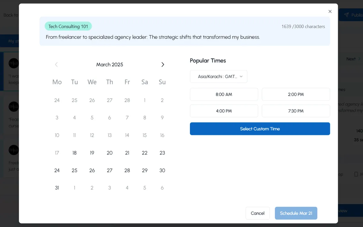 LiGo post scheduling interface showing optimal time selection and calendar view.