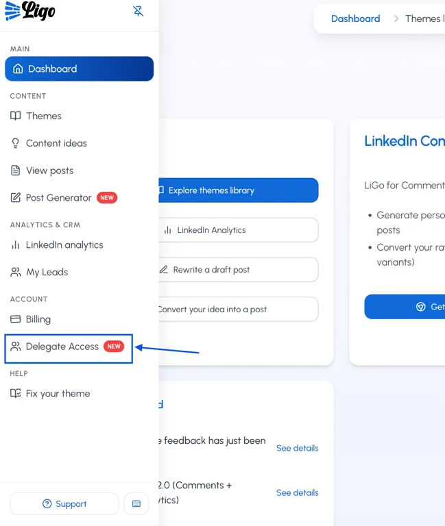 LiGo Delegate Access Option in the Dashboard