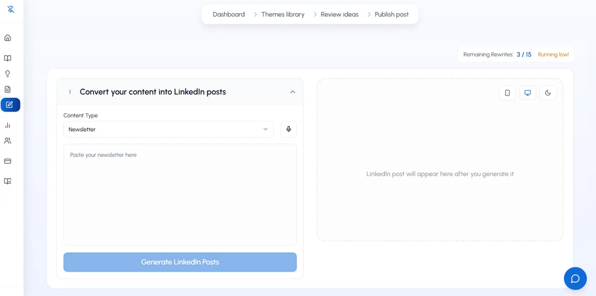 LiGo  post generator interface allows you to input your long-form content to get Linkedin posts.