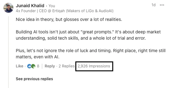 LinkedIn now shows the number of impressions you got on your comment on another person's LinkedIn post