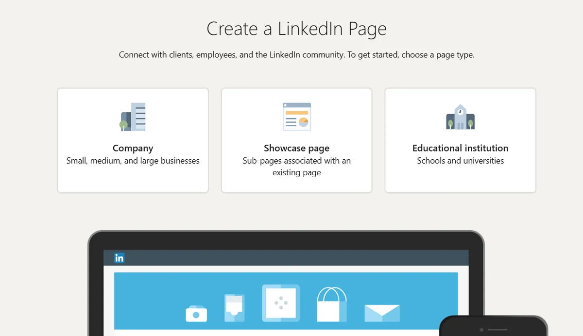 Linkedin company page creation options