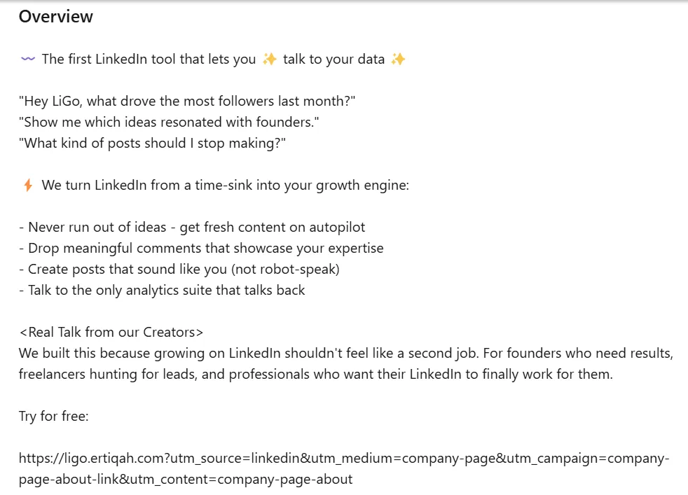 Example of a compelling company page bio