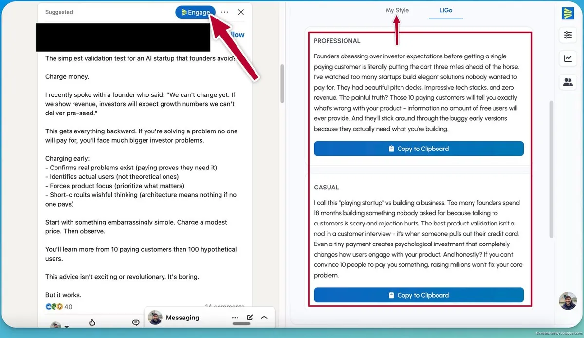 LiGo Chrome Extension Interface integration with Linkedin's feed natively