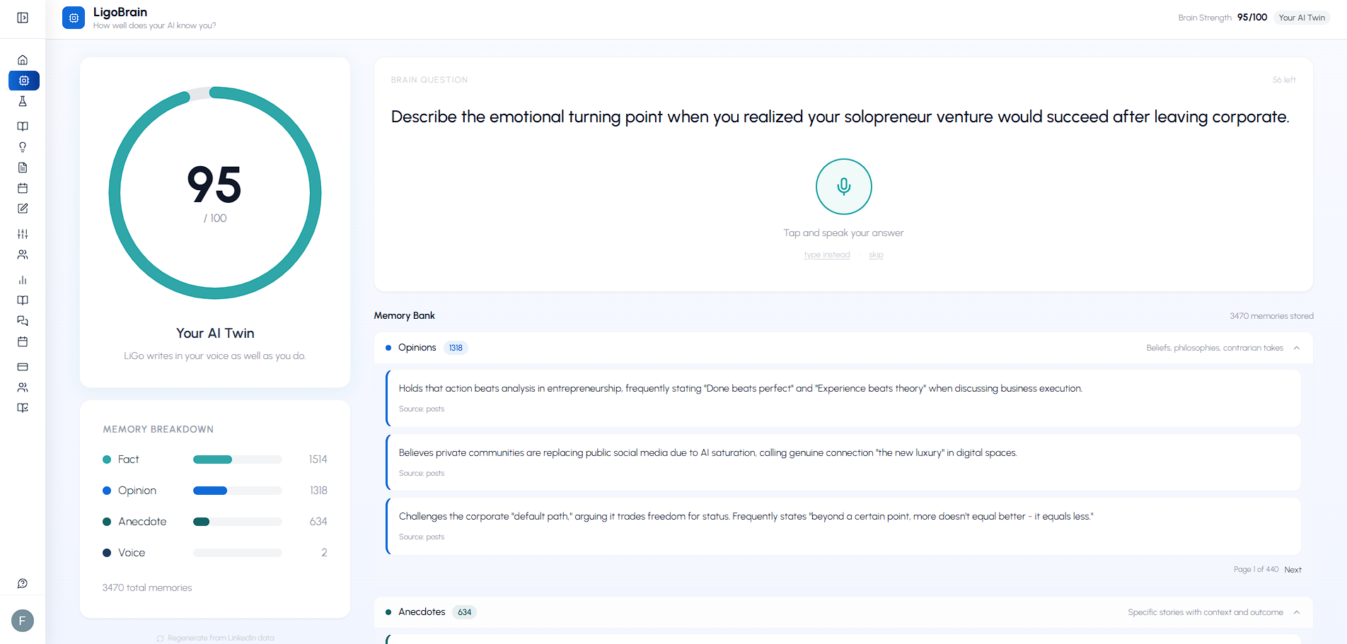 LigoBrain interface showing score ring, memory bank, and daily question panel
