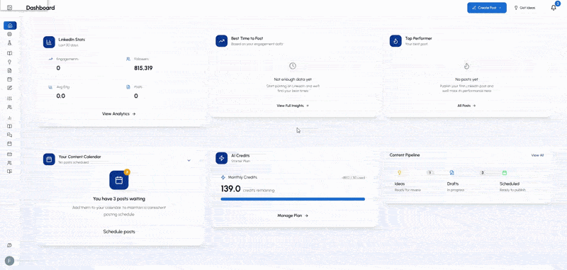 The LigoSocial Content Calendar: a month view, a day opened to show each post and its time, then a post preview
